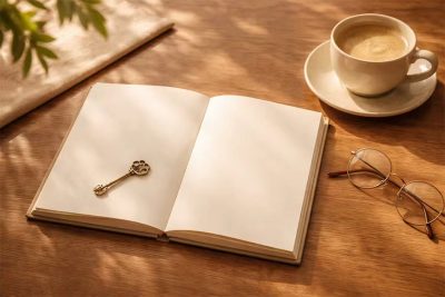 emotional letter writing blank notebook on desk with warm light